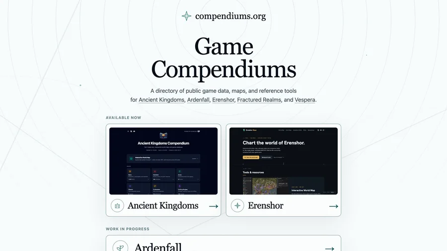 Compendiums Landing Page screenshot